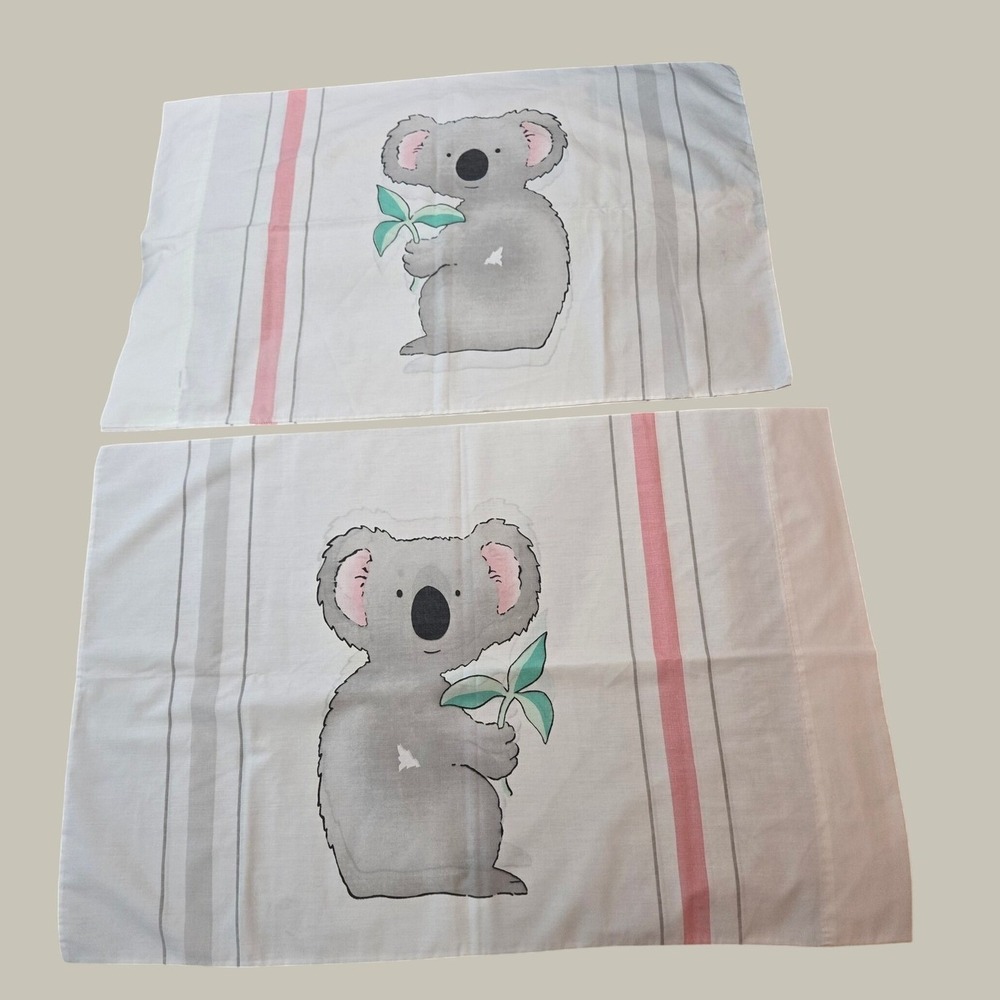 Cannon Koala Pillowcase Set (2) Standard White Pink Grey Excellent Vintage USA
